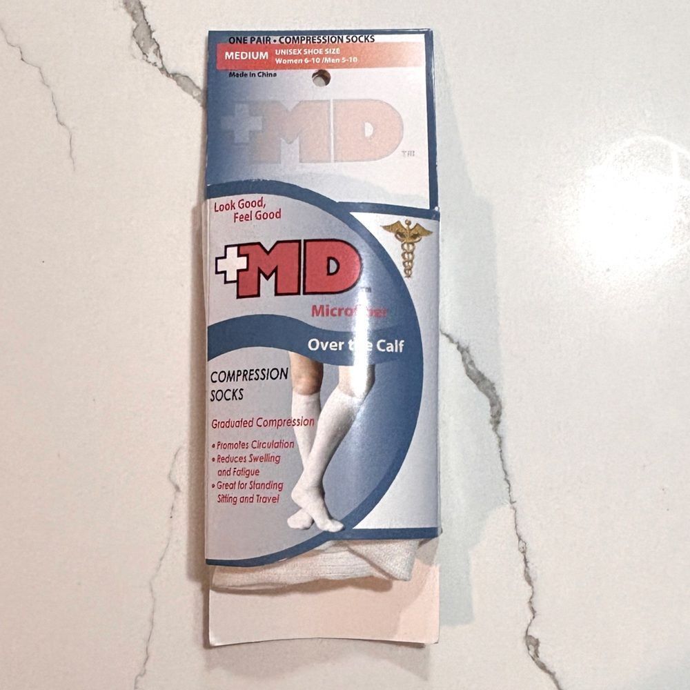 MD+ | Unisex Women's Men's Diabetes Compression Socks Over the Calf White Size M
